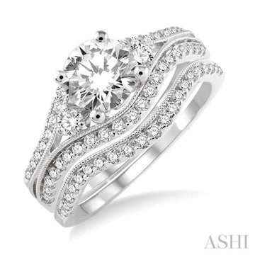 1 1/10 ctw Diamond Wedding Set with 1 ctw Round Cut Engagement Ring and 1/6 ctw Wedding Band in 14K White Gold